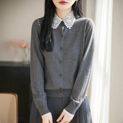 Lace Collar Plain Cardigan