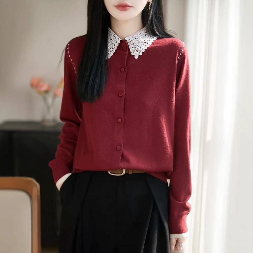 Lace Collar Plain Cardigan