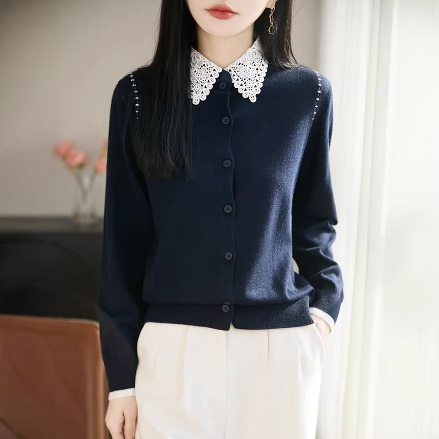 Lace Collar Plain Cardigan