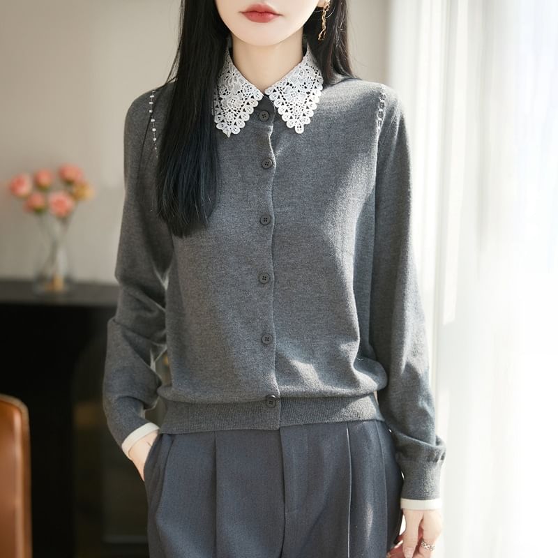 Lace Collar Plain Cardigan