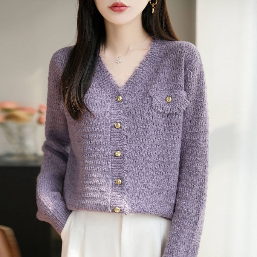 V-Neck Frayed Plain Cardigan