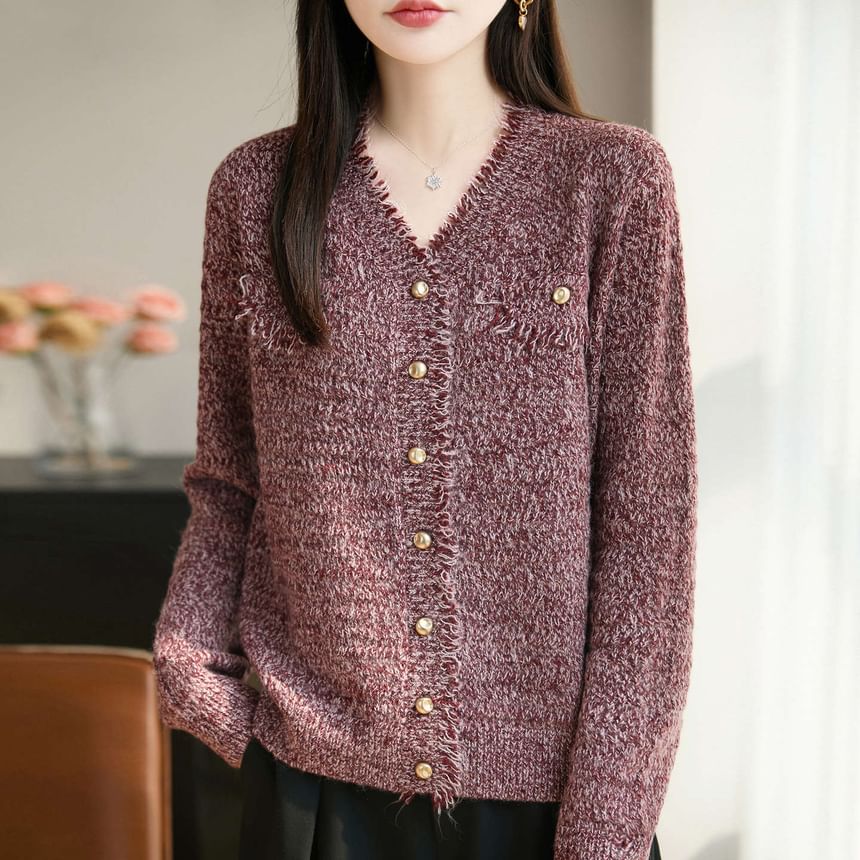 V-Neck Frayed Plain Cardigan