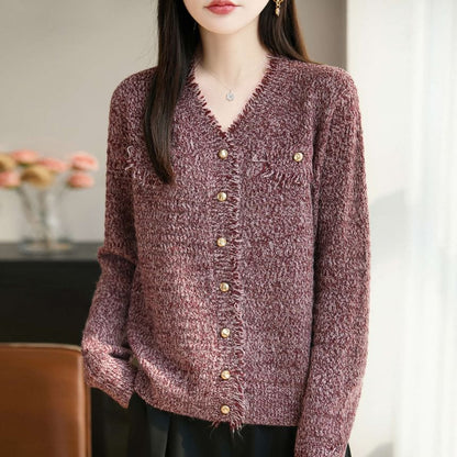 V-Neck Frayed Plain Cardigan