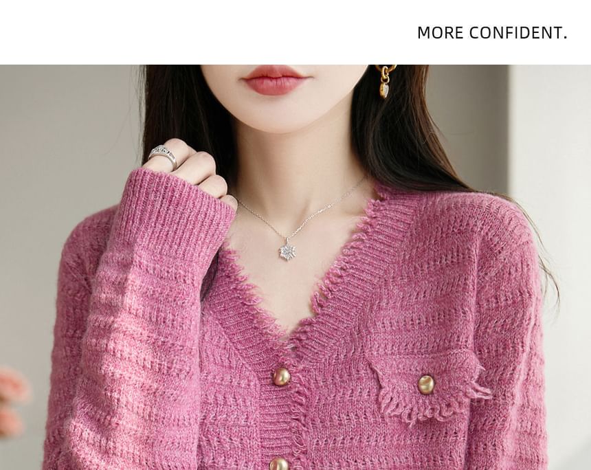 V-Neck Frayed Plain Cardigan