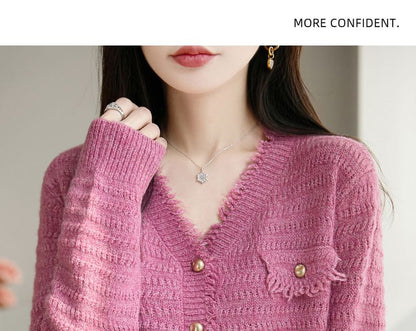 V-Neck Frayed Plain Cardigan