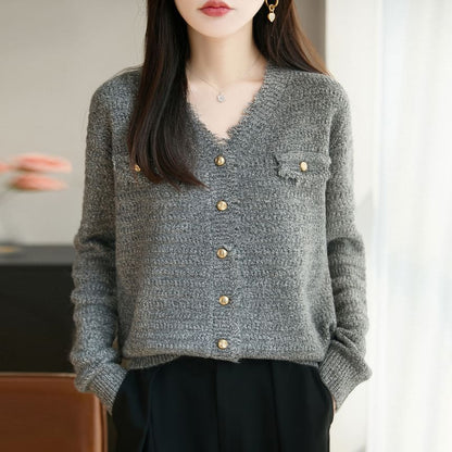 V-Neck Frayed Plain Cardigan