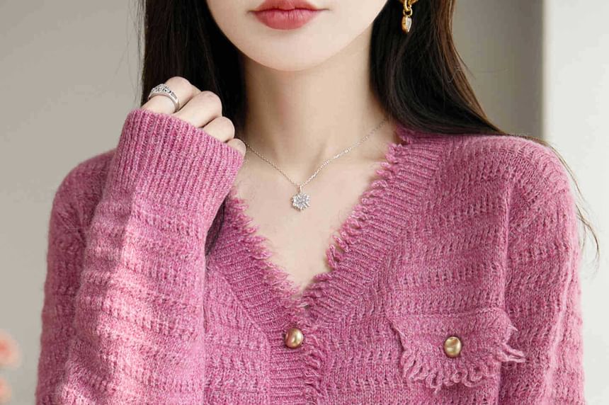 V-Neck Frayed Plain Cardigan