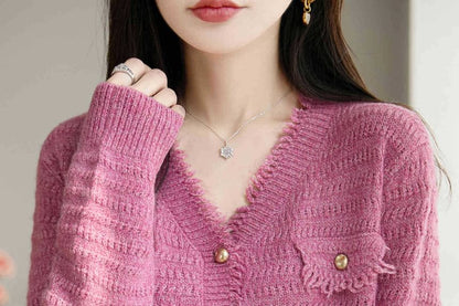 V-Neck Frayed Plain Cardigan