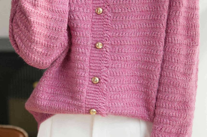 V-Neck Frayed Plain Cardigan