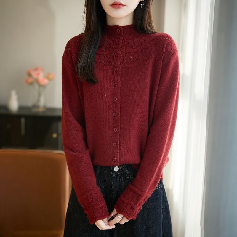 Mock Neck Lace Panel Plain Cardigan