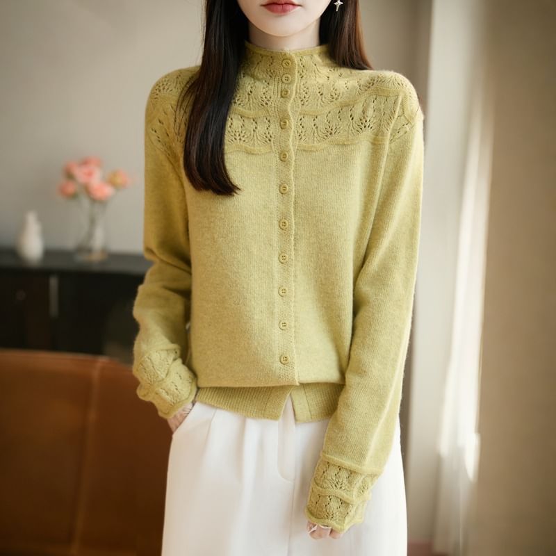Mock Neck Lace Panel Plain Cardigan