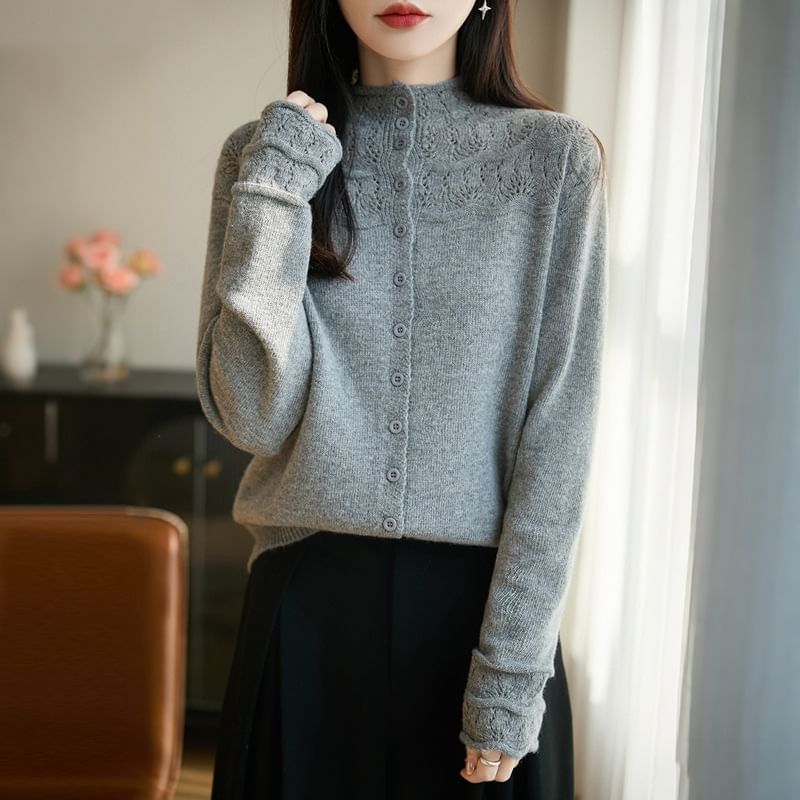 Mock Neck Lace Panel Plain Cardigan
