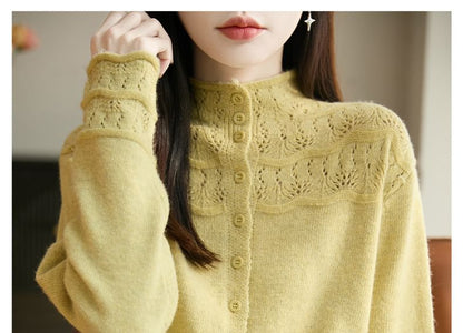 Mock Neck Lace Panel Plain Cardigan