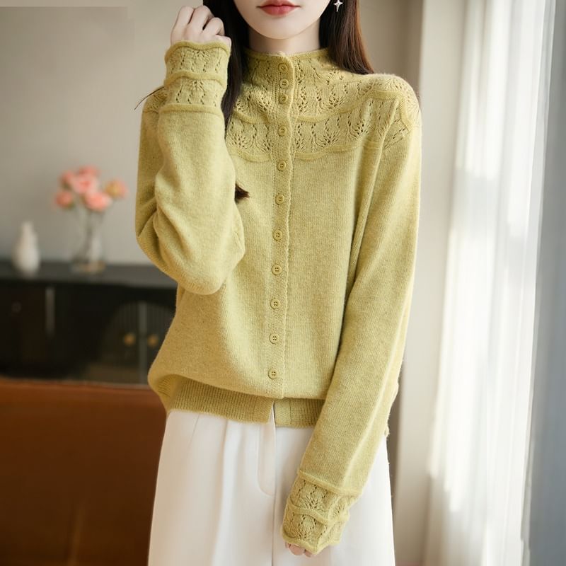 Mock Neck Lace Panel Plain Cardigan