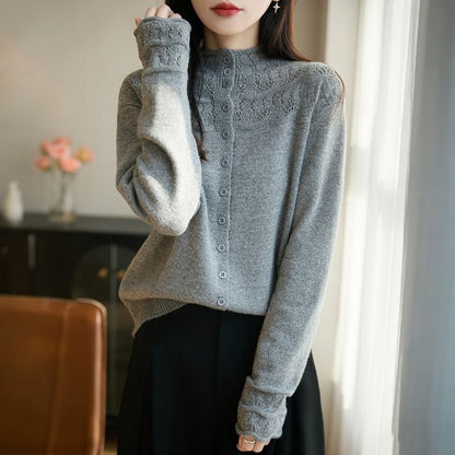 Mock Neck Lace Panel Plain Cardigan