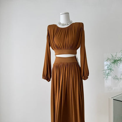 Puff-Sleeve Crop Top and Midi A-Line Skirt Set