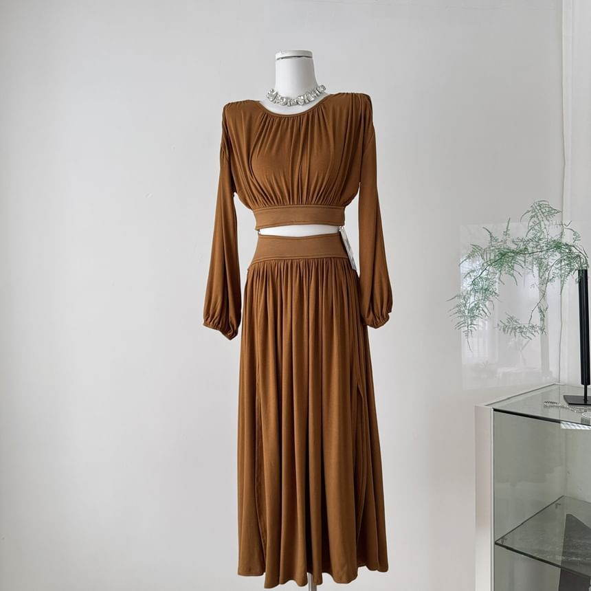 Puff-Sleeve Crop Top and Midi A-Line Skirt Set