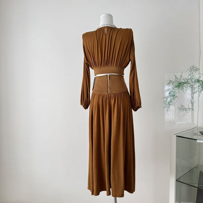 Puff-Sleeve Crop Top and Midi A-Line Skirt Set