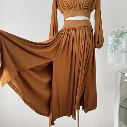 Puff-Sleeve Crop Top and Midi A-Line Skirt Set