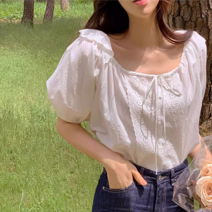 Puff-Sleeve Square Neck Lace Panel Blouse