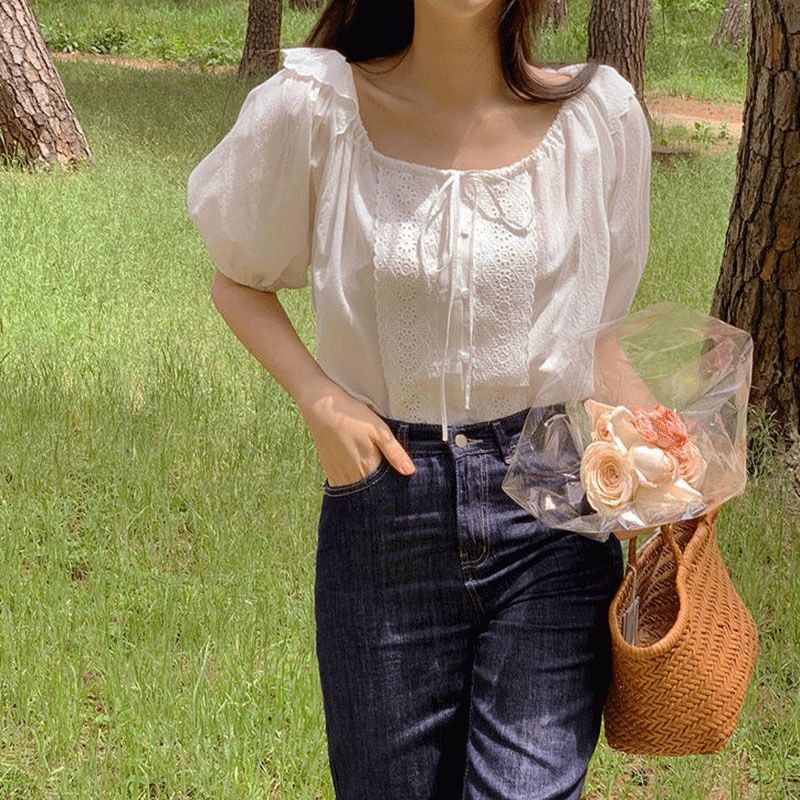 Puff-Sleeve Square Neck Lace Panel Blouse