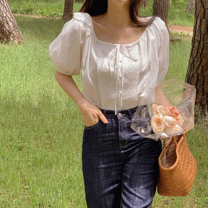 Puff-Sleeve Square Neck Lace Panel Blouse