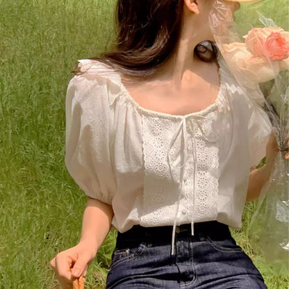 Puff-Sleeve Square Neck Lace Panel Blouse