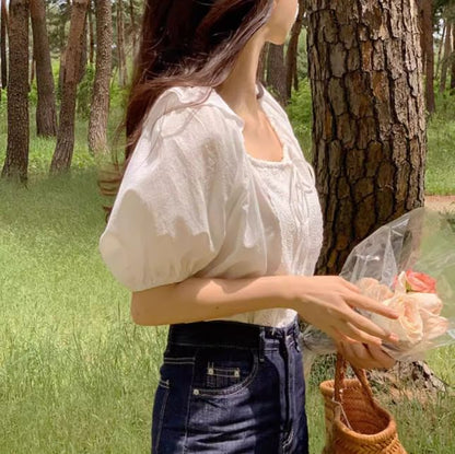 Puff-Sleeve Square Neck Lace Panel Blouse