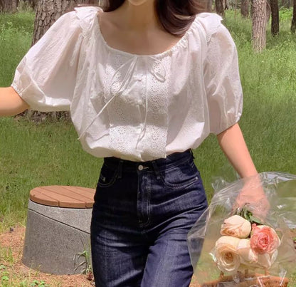 Puff-Sleeve Square Neck Lace Panel Blouse
