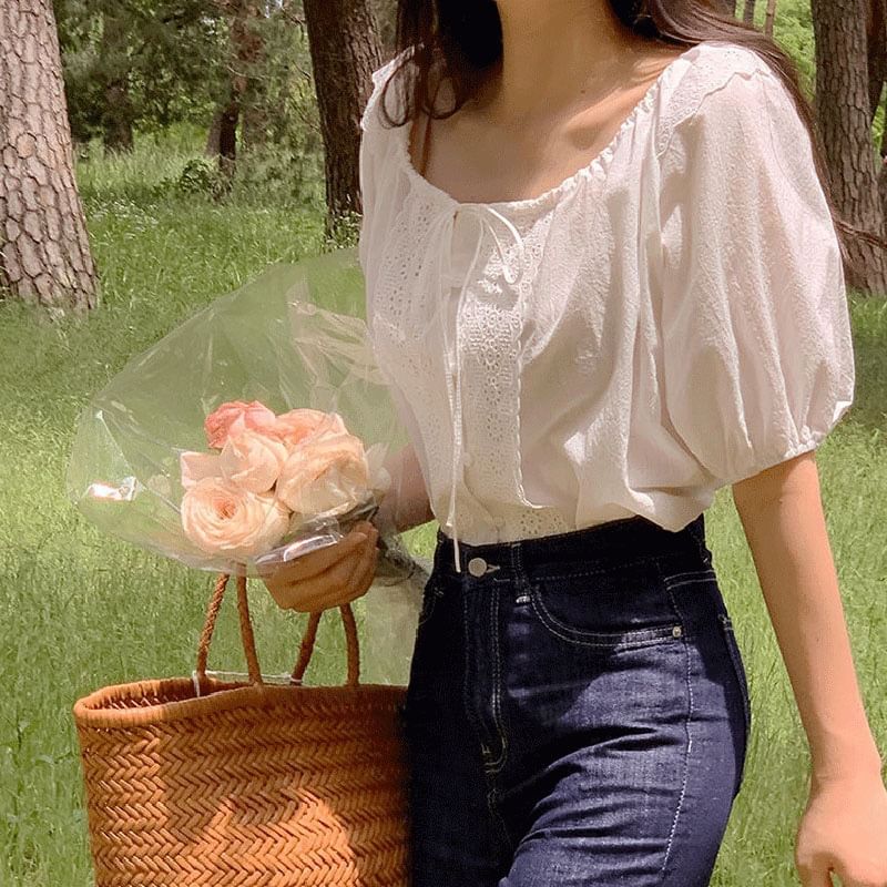 Puff-Sleeve Square Neck Lace Panel Blouse