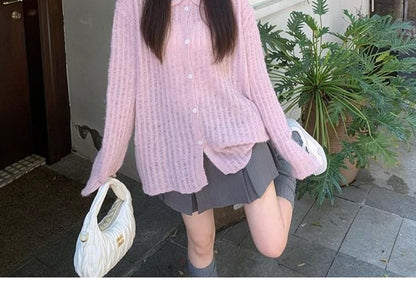 Collared Ribbed Plain Cardigan
