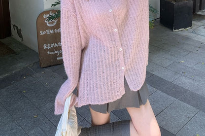 Collared Ribbed Plain Cardigan