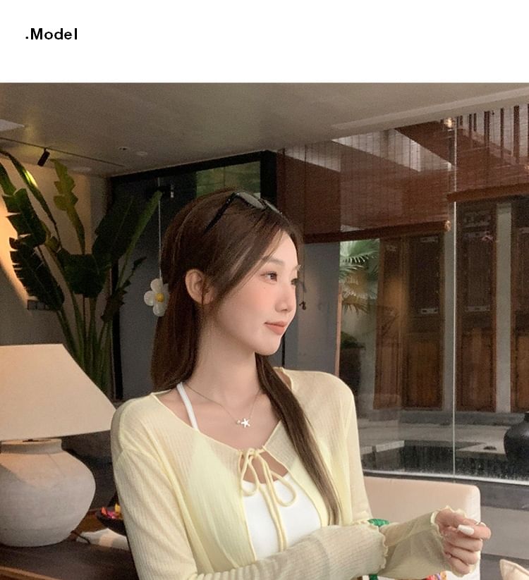 Long sleeve V-Neck Plain Tie-Front Crop Light Cardigan