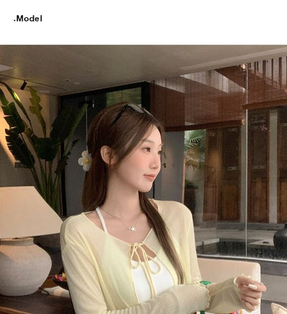 Long sleeve V-Neck Plain Tie-Front Crop Light Cardigan
