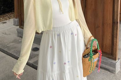 Long sleeve V-Neck Plain Tie-Front Crop Light Cardigan