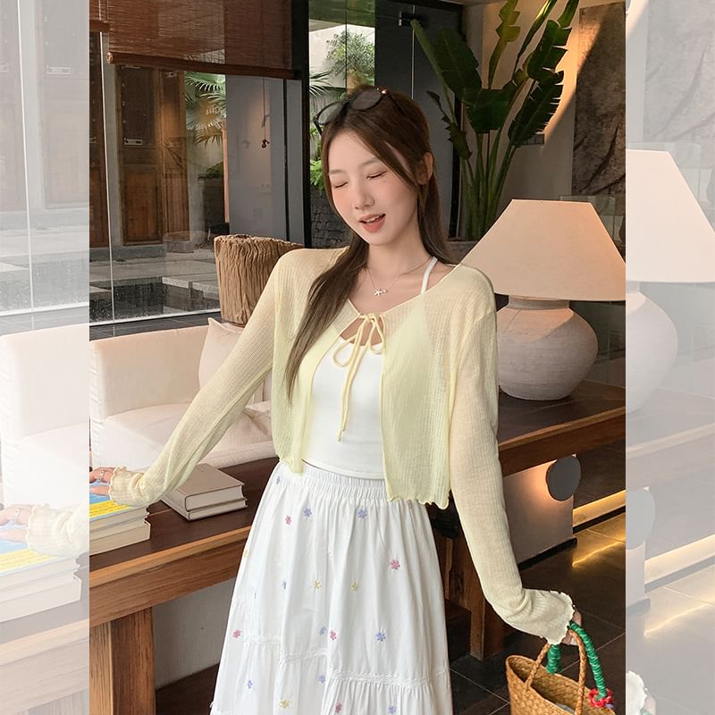 Long sleeve V-Neck Plain Tie-Front Crop Light Cardigan