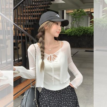 Long sleeve V-Neck Plain Tie-Front Crop Light Cardigan
