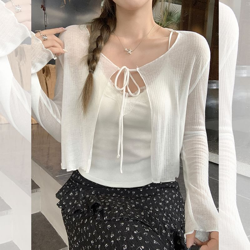 Long sleeve V-Neck Plain Tie-Front Crop Light Cardigan