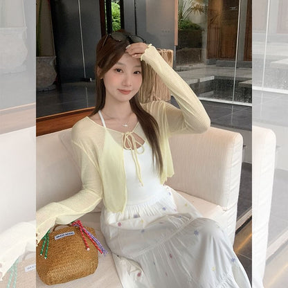 Long sleeve V-Neck Plain Tie-Front Crop Light Cardigan