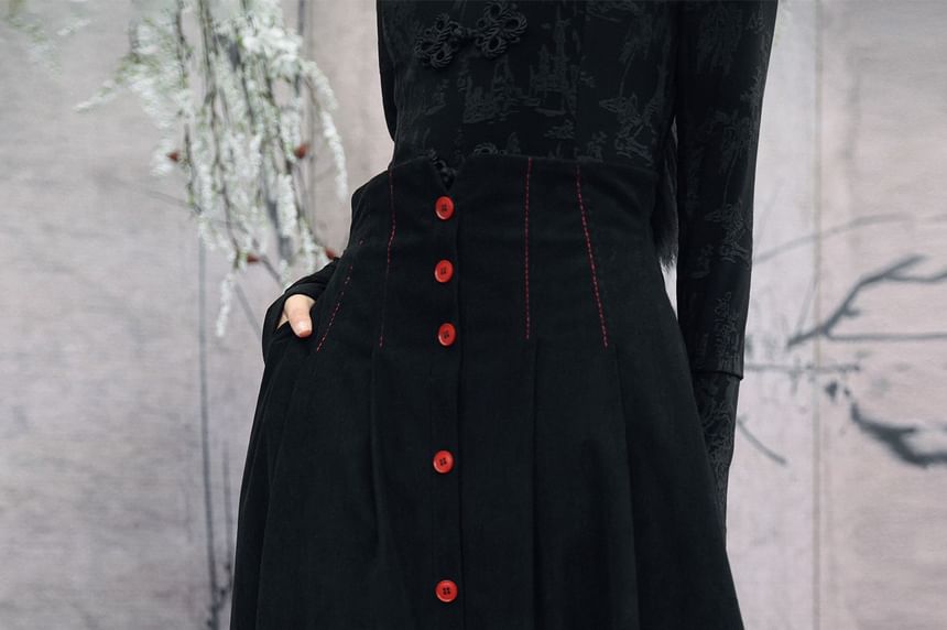 Contrast Stitch Layered Corduroy A-Line Maxi Skirt - Altfashion Shop