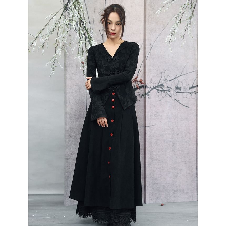 Contrast Stitch Layered Corduroy A-Line Maxi Skirt - Altfashion Shop