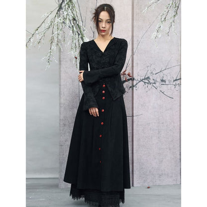 Contrast Stitch Layered Corduroy A-Line Maxi Skirt - Altfashion Shop