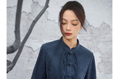 Brown Corduroy Peplum Blouse with Frog Closures - Altfashion Shop