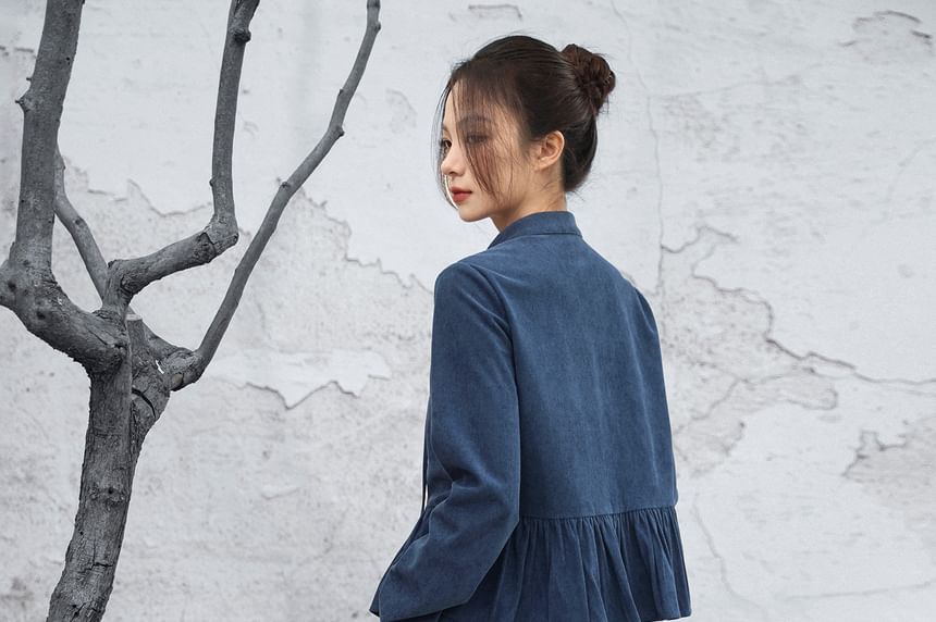 Brown Corduroy Peplum Blouse with Frog Closures - Altfashion Shop