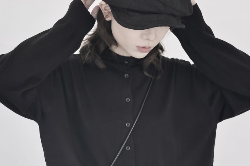 Stand Collar Button-Up Plain Cardigan
