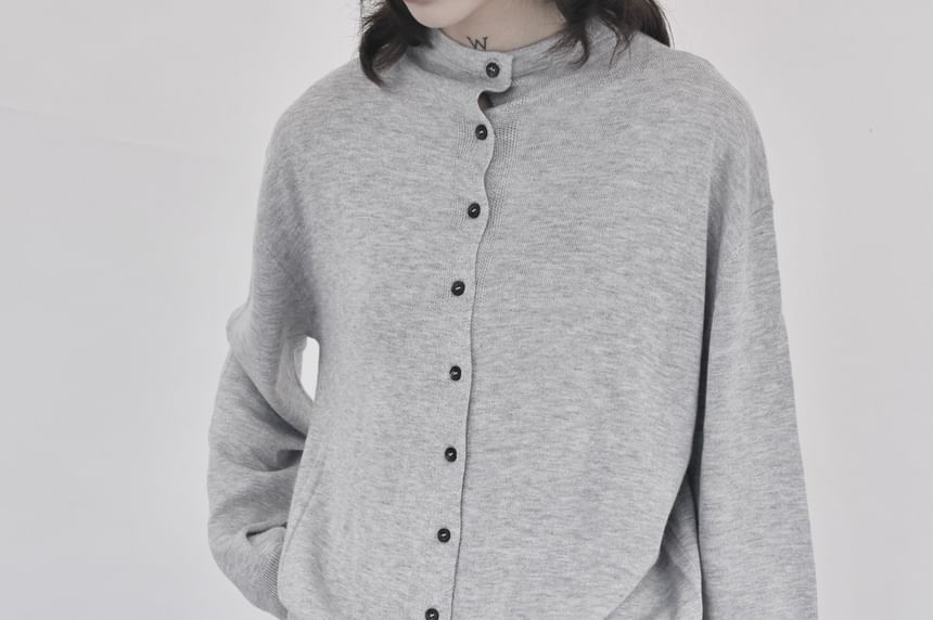 Stand Collar Button-Up Plain Cardigan
