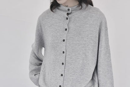Stand Collar Button-Up Plain Cardigan
