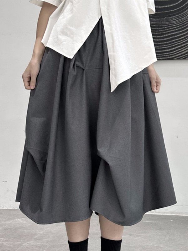 Black Asymmetrical A-Line Midi Skirt - High Waist Plain