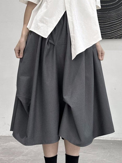 Black Asymmetrical A-Line Midi Skirt - High Waist Plain