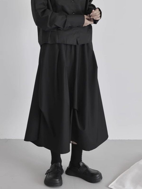 Black Asymmetrical A-Line Midi Skirt - High Waist Plain